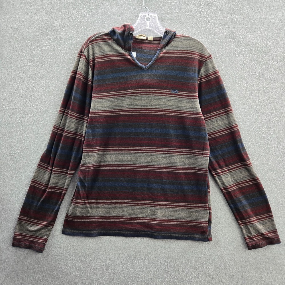 VANS Men Sweatshirt Large Red Striped Hoodie Heritage Logo Pullover Gray READ